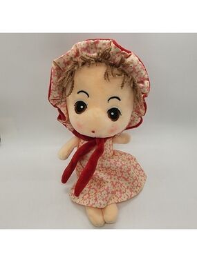 12" soft Plush Doll floral dress & Bonnet embroidered eyes Anime style face